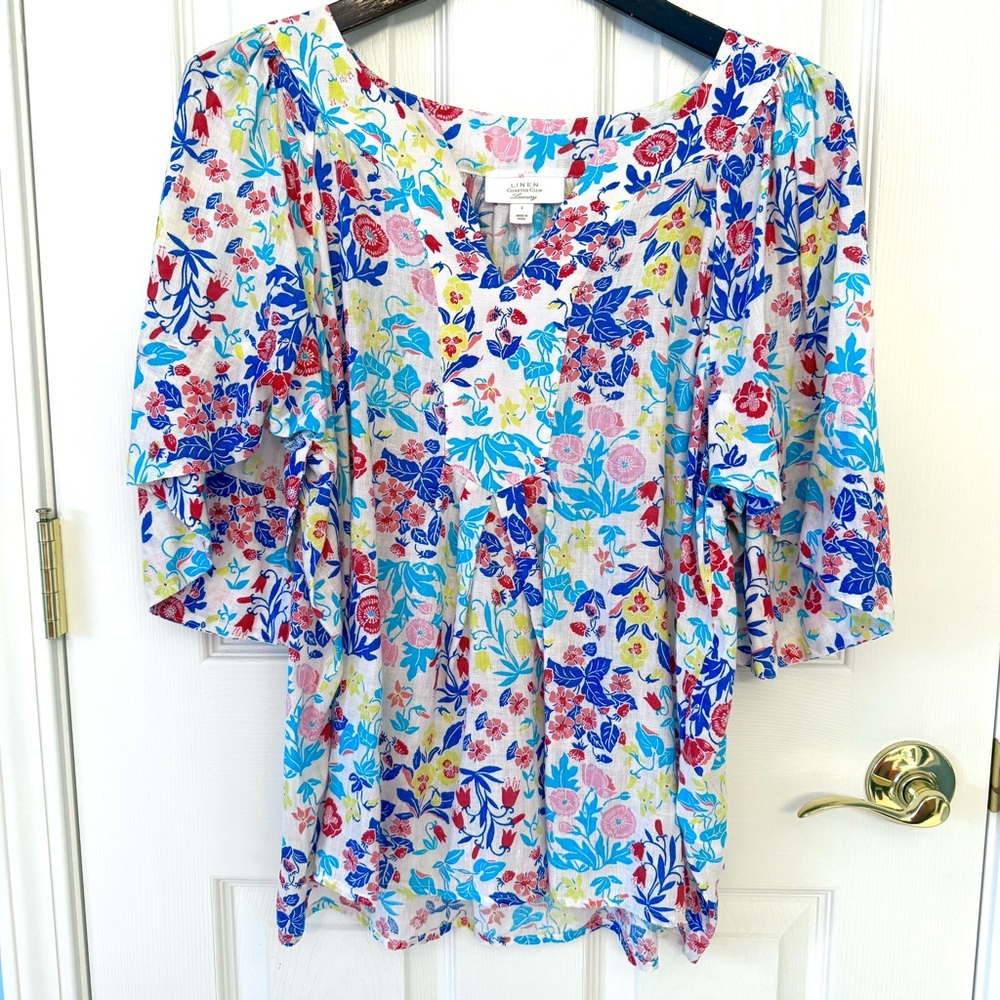 Charter Club-Luxury Linen Blouse-Colorful Floral-Flowy-Size L